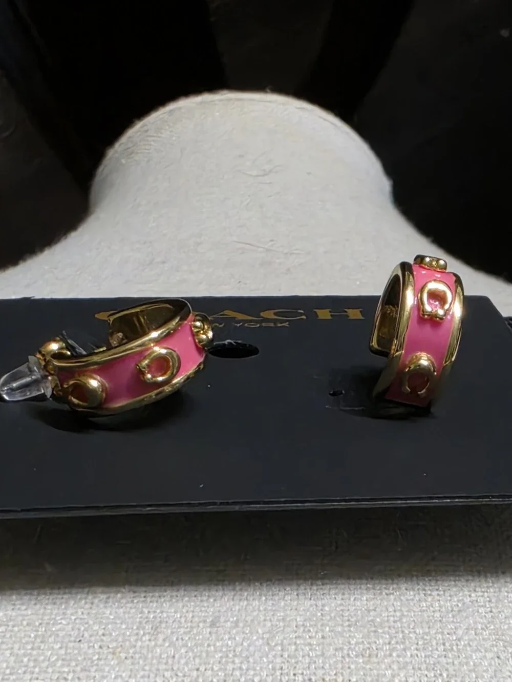 Coach Pegged C Pink Enamel Huggie Earrings - Picture 4 of 5